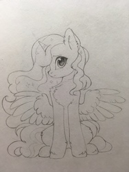 Size: 960x1280 | Tagged: safe, artist:lispp, princess luna, alicorn, pony, g4, chest fluff, ear fluff, female, looking at you, mare, pencil drawing, sitting, smiling, solo, spread wings, traditional art, unshorn fetlocks, wings