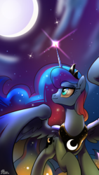 Size: 2700x4800 | Tagged: dead source, safe, artist:renokim, princess luna, alicorn, pony, g4, crown, female, looking back, mare, moon, night, smiling, solo, spread wings, stars, wings