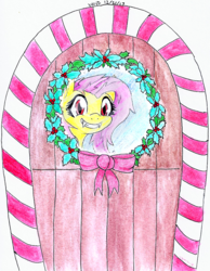 Size: 777x1000 | Tagged: safe, artist:astevenamedwolf, fluttershy, bat pony, pony, g4, christmas wreath, cute, door, fangs, female, flutterbat, grin, holly, looking at you, messy mane, race swap, red eyes, shyabetes, smiling, solo, squee, traditional art, window, wreath