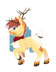 Size: 1247x1612 | Tagged: safe, artist:tangomangoes, oc, oc only, oc:sunstrider, deer, pony, antlers, ear fluff, male, raised hoof, simple background, solo, stallion