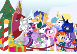Size: 1050x742 | Tagged: safe, artist:dm29, flash sentry, princess cadance, princess celestia, princess flurry heart, princess luna, shining armor, spike, star swirl the bearded, starlight glimmer, sunburst, twilight sparkle, alicorn, dragon, pegasus, pony, unicorn, g4, :t, annoyed, christmas, christmas tree, clothes, costume, cute, eye contact, fangirl, female, flurry heart is not amused, flying, frown, glare, glasses, happy, hat, hearth's warming, holiday, hug, lidded eyes, looking at each other, luna is not amused, male, mare, open mouth, present, santa claus, santa costume, santa hat, santa hooves, scarf, scroll, sitting, smiling, spike is not amused, spread wings, stallion, sweater, swirlabetes, tree, twiabetes, twilight sparkle (alicorn), unamused, wide eyes, wings