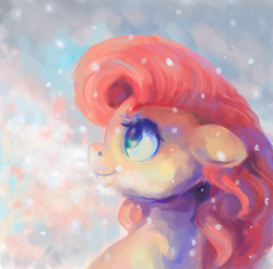 Size: 2211x2178 | Tagged: safe, artist:malinetourmaline, fluttershy, pegasus, pony, g4, bust, female, floppy ears, high res, looking up, portrait, profile, smiling, snow, snowfall, solo, winter