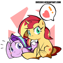 Size: 1100x1100 | Tagged: safe, artist:rvceric, starlight glimmer, sunset shimmer, pony, unicorn, g4, angry, blushing, cute, duo, exclamation point, female, floppy ears, frown, glimmerbetes, heart, looking at you, lying, lying down, mare, pictogram, pouting, shimmerbetes, simple background, sitting, smiling, speech bubble, wavy mouth, white background