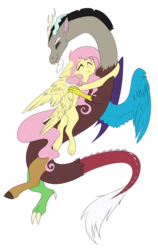 Size: 1173x1861 | Tagged: safe, artist:monogy, discord, fluttershy, draconequus, pegasus, pony, g4, eyes closed, female, floppy ears, friends, hug, male, mare, simple background, smiling, transparent background, wings