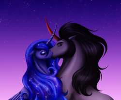 Size: 1952x1618 | Tagged: safe, artist:silverwolf866, king sombra, princess luna, alicorn, pony, unicorn, g4, beard, crossed horns, curved horn, eyes closed, facial hair, female, floppy ears, goatee, horn, horns are touching, kiss on the lips, kissing, male, mare, ship:lumbra, shipping, sitting, stallion, starry night, stars, straight, sunset