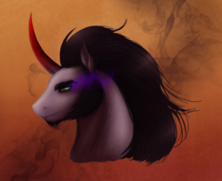 Size: 1310x1070 | Tagged: safe, artist:silverwolf866, king sombra, pony, unicorn, g4, abstract background, beard, bust, curved horn, dark magic, facial hair, glowing eyes, goatee, horn, lidded eyes, magic, male, portrait, profile, smiling, smirk, smoke, solo, stallion