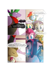 Size: 3541x5016 | Tagged: safe, artist:gashiboka, applejack, doctor whooves, fluttershy, pinkie pie, rainbow dash, rarity, roseluck, spike, time turner, twilight sparkle, alicorn, dragon, earth pony, pegasus, pony, unicorn, comic:recall the time of no return, g4, absurd resolution, clothes, comic, female, imminent death, male, mane seven, mane six, mare, older, older spike, stallion, twilight sparkle (alicorn)