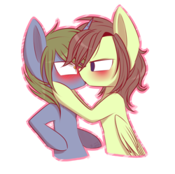 Size: 1600x1592 | Tagged: safe, artist:snowbunny0820, oc, oc only, oc:john, oc:trey, pegasus, pony, unicorn, blushing, gay, kissing, male, simple background, stallion, transparent background