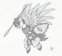 Size: 1915x1743 | Tagged: safe, artist:sensko, oc, oc only, classical hippogriff, hippogriff, fantasy class, flying, grayscale, javelin, kite shield, knight, monochrome, normandy, pencil drawing, prance, scabbard, shield, simple background, sketch, solo, sword, traditional art, warrior, weapon, white background