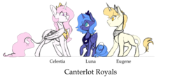 Size: 1600x717 | Tagged: safe, artist:torusthescribe, princess celestia, princess luna, oc, oc:eugene, pony, unicorn, g4, leonine tail, male, pink-mane celestia, royal sisters, s1 luna, simple background, stallion, transparent background