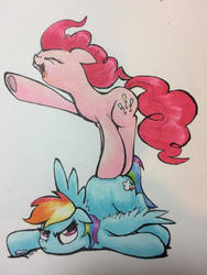 Size: 2448x3264 | Tagged: safe, artist:kittyhawk-contrail, pinkie pie, rainbow dash, pony, g4, abuse, annoyed, dashabuse, duo, eyes closed, female, floppy ears, high res, mare, open mouth, raised hoof, simple background, traditional art, underhoof
