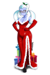 Size: 2333x3500 | Tagged: safe, artist:danmakuman, sugarcoat, human, equestria girls, g4, my little pony equestria girls: friendship games, armpits, belly button, boots, breasts, busty sugarcoat, christmas, cleavage, clothes, dress, female, fur, glasses, gloves, hand on hip, high heel boots, high res, hips, holiday, holly, latex, long gloves, looking at you, present, shoes, side slit, simple background, solo, transparent background, wide hips