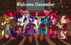 Size: 1438x906 | Tagged: safe, artist:pencil bolt, applejack, fluttershy, pinkie pie, rainbow dash, rarity, twilight sparkle, alicorn, earth pony, pegasus, pony, unicorn, g4, antlers, bipedal, christmas, clothes, december, female, fireplace, hat, holiday, mane six, onesie, pajamas, red nose, santa hat, snow, snowball, twilight sparkle (alicorn), welcome, winter