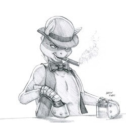 Size: 1300x1267 | Tagged: safe, artist:baron engel, oc, oc only, oc:heartbreaker, anthro, bowler hat, bowtie, cigar, clothes, grayscale, hat, monochrome, pencil drawing, simple background, smoking, solo, traditional art, white background