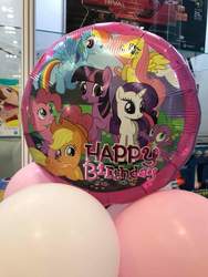 Size: 720x960 | Tagged: safe, applejack, fluttershy, pinkie pie, rainbow dash, rarity, spike, twilight sparkle, dragon, g4, balloon, happy birthday, irl, mane seven, mane six, photo