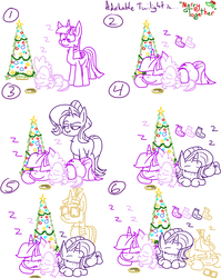 Size: 1280x1611 | Tagged: safe, artist:adorkabletwilightandfriends, moondancer, spike, starlight glimmer, twilight sparkle, alicorn, dragon, pony, unicorn, comic:adorkable twilight and friends, g4, adorkable twilight, chest fluff, christmas, christmas stocking, christmas tree, comic, cookie, cute, dimples of venus, eyes closed, female, food, hearth's warming, hearth's warming eve, hearth's warming tree, heartwarming, holiday, lidded eyes, lineart, looking down, male, mama twilight, mare, pony pile, prone, ship:sparlight, shipping, simple background, sleeping, slice of life, smiling, straight, tree, twilight sparkle (alicorn), white background, z, zzz