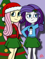 Size: 1200x1600 | Tagged: safe, artist:djgames, fluttershy, rarity, equestria girls, g4, christmas, christmas tree, clothes, hat, holiday, requested art, santa hat, sweater, sweatershy, tree