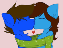 Size: 979x745 | Tagged: safe, artist:marsminer, oc, oc only, oc:daudaen, clothes, gay, heart, kissing, male, oc x oc, scarf, shared clothing, shared scarf, shipping