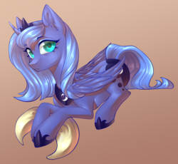 Size: 2744x2528 | Tagged: safe, artist:helemaranth, princess luna, alicorn, pony, rcf community, g4, female, gradient background, high res, jewelry, looking at you, mare, pillow, prone, regalia, s1 luna, solo, tangible heavenly object