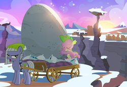 Size: 978x667 | Tagged: safe, artist:pixelkitties, limestone pie, spike, dragon, earth pony, pony, g4, eyes closed, female, holder's boulder, mare, snow, wagon, winter hat