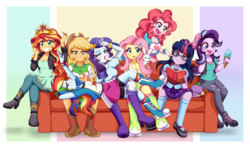 Size: 3200x1900 | Tagged: safe, artist:lucy-tan, angel bunny, applejack, fluttershy, pinkie pie, rainbow dash, rarity, sci-twi, spike, spike the regular dog, starlight glimmer, sunset shimmer, twilight sparkle, dog, equestria girls, equestria girls specials, g4, my little pony equestria girls: mirror magic, applejack's hat, beanie, big crown thingy, book, boots, breasts, cleavage, clothes, compression shorts, couch, cowboy hat, cute, denim skirt, draw the squad, element of magic, female, food, freckles, glasses, glimmerbetes, hat, high heel boots, humane five, humane seven, humane six, ice cream, jewelry, looking at you, male, mary janes, moe, one eye closed, open mouth, pants, regalia, ripped pants, shoes, shorts, sitting, skirt, smiling, socks, stetson