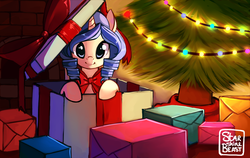 Size: 1423x900 | Tagged: source needed, safe, artist:starshinebeast, oc, oc only, oc:opuscule antiquity, pony, unicorn, bowtie, box, christmas, christmas lights, christmas presents, christmas tree, cute, female, holiday, mare, pony in a box, present, solo, tree