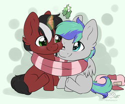 Size: 3000x2500 | Tagged: safe, artist:lionbun, oc, oc only, oc:phantom, oc:storm feather, abstract background, chibi, clothes, cute, gay, high res, holly, holly mistaken for mistletoe, magic, male, present, scarf, shared clothing, shared scarf
