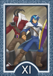 Size: 1200x1728 | Tagged: safe, artist:howxu, lord tirek, shining armor, human, anthro, g4, armor, boots, duo, horn, humanized, justice, roman numerals, shield, shoes, tarot, tarot card