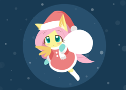 Size: 1688x1200 | Tagged: safe, artist:howxu, fluttershy, anthro, g4, blush sticker, blushing, boots, chibi, christmas, clothes, costume, cute, ear fluff, ears, female, flying, hat, holiday, santa costume, santa hat, shoes, shyabetes, smiling, solo, tail, wings, winter