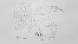 Size: 4032x2268 | Tagged: safe, artist:parclytaxel, oc, oc:parcly taxel, oc:spindle, alicorn, pony, windigo, ain't never had friends like us, albumin flask, parcly taxel in japan, alicorn oc, female, glico, horn ring, japan, lineart, looking up, mare, monochrome, osaka, pencil drawing, ponified, sign, smiling, story included, traditional art, windigo oc