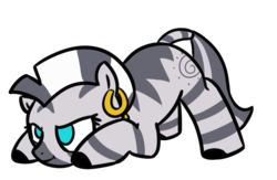 Size: 996x651 | Tagged: safe, artist:neuro, zecora, pony, zebra, g4, behaving like a cat, crouching, cute, ear piercing, earring, face down ass up, female, filly zecora, jewelry, no catchlights, piercing, simple background, solo, transparent background, young zecora, younger, zecorable