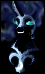 Size: 2850x4650 | Tagged: safe, artist:the-necromancer, nightmare moon, alicorn, pony, g4, bust, evil smile, female, glowing eyes, grin, portrait, sharp teeth, smiling, solo, teeth