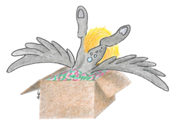 Size: 1572x1128 | Tagged: safe, artist:pony-from-everfree, derpy hooves, pegasus, pony, g4, advent calendar, box, bubble, cutie mark, female, pony in a box, solo, traditional art, wings
