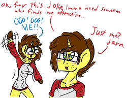 Size: 5330x4109 | Tagged: safe, artist:binary6, oc, oc only, oc:happy wigglesworth, unicorn, anthro, absurd resolution, clothes, freckles, glasses, joke, rule 63, shirt