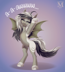 Size: 899x1000 | Tagged: safe, artist:margony, oc, oc only, bat pony, pony, bat pony oc, bipedal, commission, cute, eyes closed, fangs, female, mare, smiling, solo, stretching
