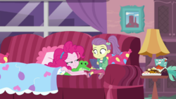 Size: 1920x1080 | Tagged: safe, screencap, lily pad (g4), pinkie pie, equestria girls, g4, my little pony equestria girls: better together, pinkie sitting, clothes, couch, duo, duo female, female, hairband, jacket, magical geodes, out of context, pants, side ponytail, smiling, young