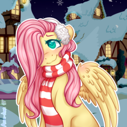 Size: 1000x1000 | Tagged: safe, artist:assa-chan, fluttershy, pegasus, pony, g4, blushing, christmas, clothes, cute, earmuffs, female, hair over one eye, head tilt, holiday, looking away, looking up, mare, outdoors, ponyville, scarf, shyabetes, sitting, smiling, snow, solo, street, wings, winter, winter outfit, wintershy