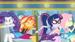 Size: 1280x719 | Tagged: safe, screencap, fluttershy, rarity, sci-twi, sunset shimmer, twilight sparkle, equestria girls, g4, my little pony equestria girls: better together, road trippin, faic, female, geode of empathy, geode of fauna, geode of shielding, geode of telekinesis, legs, magical geodes, puffy cheeks, rarity peplum dress, seatbelt