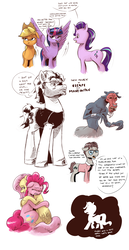 Size: 1549x3000 | Tagged: safe, artist:saturdaymorningproj, applejack, fluttershy, lord tirek, pinkie pie, starlight glimmer, trixie, twilight sparkle, alicorn, pony, g4, alicorn drama, background pony applejack, bill lumbergh, comforting, crying, escape from new york, hug, initech, meta, office space, ponified, silent hill, simple background, sketch, sketch dump, snake plissken, starlight drama, tps report, twilight sparkle (alicorn), white background