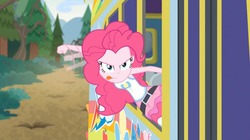 Size: 1280x719 | Tagged: safe, screencap, pinkie pie, equestria girls, equestria girls series, g4, road trippin, >:), >:d, >:p, bus, cute, female, smiling, smirk, solo, spinning, tongue out, winding up to punch