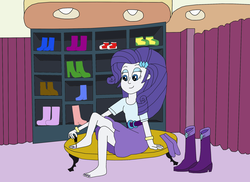 Size: 2337x1700 | Tagged: safe, artist:equestriaguy637, rarity, equestria girls, g4, barefoot, bench, boots, bracelet, carousel boutique, clothes, curtains, feet, female, high heel boots, jewelry, nail polish, nails, pedicure, shoes, shoes off, shoes removed, skirt, socks, solo, toenails