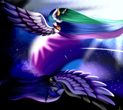 Size: 4988x4454 | Tagged: safe, artist:minteadraws, princess celestia, princess luna, alicorn, pony, g4, absurd resolution, duo, female, flowing mane, mare, royal sisters, sisters, spread wings, wings, yin-yang