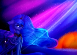 Size: 3500x2500 | Tagged: safe, artist:minteadraws, princess luna, alicorn, pony, g4, alone, aurora borealis, female, flowing mane, high res, looking at you, mare, night, solo