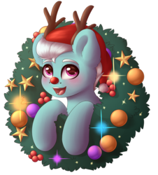 Size: 3000x3325 | Tagged: safe, artist:spirit-dude, fleetfoot, pony, g4, antlers, blushing, christmas, christmas wreath, commission, female, hat, high res, holiday, mare, red nose, reindeer antlers, santa hat, simple background, smiling, solo, transparent background, wreath, ych result