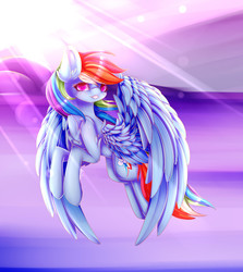 Size: 2732x3060 | Tagged: safe, artist:minteadraws, rainbow dash, pegasus, pony, g4, chest fluff, colored pupils, crepuscular rays, ear fluff, female, flying, high res, leg fluff, looking at you, mare, signature, solo, wings