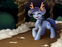 Size: 1024x775 | Tagged: dead source, safe, artist:freckleplant, oc, oc only, oc:raylanda, earth pony, pony, antlers, blushing, christmas, christmas lights, commission, eyes closed, female, holiday, lights, mare, reindeer antlers, smiling, snow, solo, walking, ych result