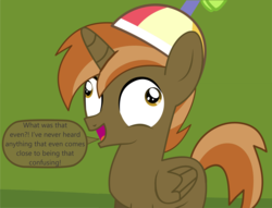 Size: 2273x1737 | Tagged: safe, artist:cyanlightning, edit, button mash, alicorn, pony, comic:cyan's adventure, g4, buttoncorn, colt, cropped, derp, hat, male, propeller hat, race swap, speech, speech bubble