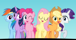 Size: 3750x2000 | Tagged: safe, artist:tomfraggle, applejack, fluttershy, pinkie pie, rainbow dash, rarity, twilight sparkle, alicorn, pony, fame and misfortune, g4, female, flawless, friends, group, high res, mane six, mare, one eye closed, singing, smiling, twilight sparkle (alicorn), wink