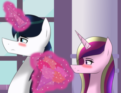 Size: 3276x2526 | Tagged: safe, artist:sapphireartemis, princess cadance, shining armor, g4, bouquet, female, flower, glowing horn, high res, horn, magic, male, ship:shiningcadance, shipping, straight, telekinesis