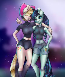 Size: 3543x4134 | Tagged: safe, artist:pitchyy, coloratura, songbird serenade, earth pony, pegasus, anthro, g4, my little pony: the movie, belly button, breasts, clothes, colorenade, female, lesbian, mare, midriff, see-through, shipping, smiling